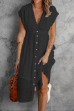 Casual Solid Buckle V Neck Waist Skirt Dresses