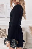 Fashion Elegant Solid Flounce With Belt V Neck A Line Dresses