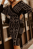 Elegant Print Patchwork V Neck Pencil Skirt Dresses