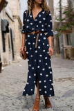 Casual Polka Dot Buckle Slit Turndown Collar Shirt Dress Dresses (Without Belt)