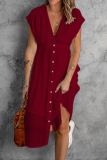 Casual Solid Buckle V Neck Waist Skirt Dresses