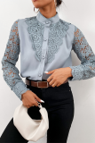 Elegant Solid Lace Hollowed Out Buckle Mandarin Collar Tops