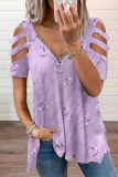 Street Print Hollowed Out Zipper V Neck Tops