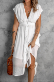 Casual Solid Buckle V Neck Waist Skirt Dresses