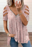 Street Print Hollowed Out Zipper V Neck Tops