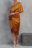 Elegant Solid Patchwork Fold Oblique Collar Evening Dress Dresses