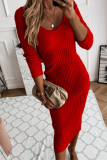 Street Solid Basic V Neck Wrapped Skirt Dresses