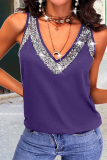 Casual Solid Sequins V Neck Tops