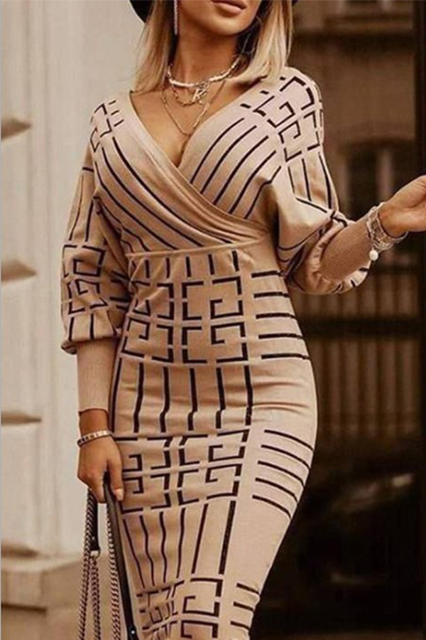 Elegant Print Patchwork V Neck Pencil Skirt Dresses