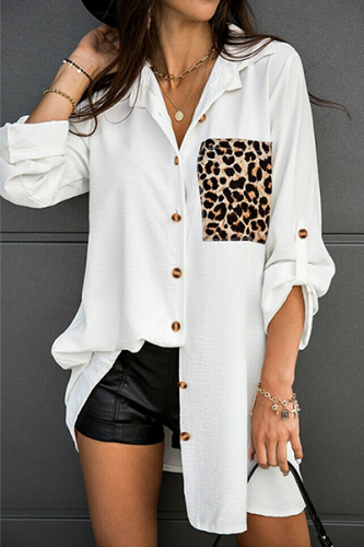 Casual Leopard Patchwork Buckle Turndown Collar Tops