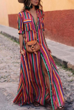 Casual Striped Patchwork Turndown Collar Printed Dress Dresses