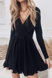 Fashion Elegant Solid Flounce With Belt V Neck A Line Dresses