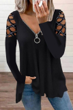 Casual Patchwork Hollowed Out Hot Drill Zipper Collar Tops