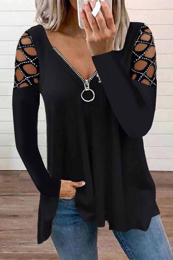 Casual Patchwork Hollowed Out Hot Drill Zipper Collar Tops