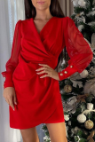 Fashion Elegant Patchwork Fold Mesh V Neck Pencil Skirt Dresses