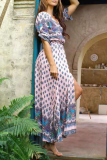Bohemian Print Buckle Slit V Neck Dresses