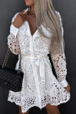 Casual Solid Lace Turndown Collar Waist Skirt Dresses