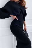 Fashion Casual Solid Patchwork Fold O Neck Waist Skirt Dresses