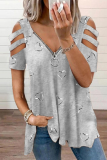Street Print Hollowed Out Zipper V Neck Tops