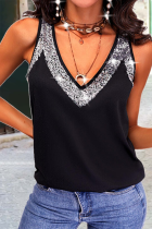 Casual Solid Sequins V Neck Tops