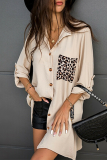 Casual Leopard Patchwork Buckle Turndown Collar Tops