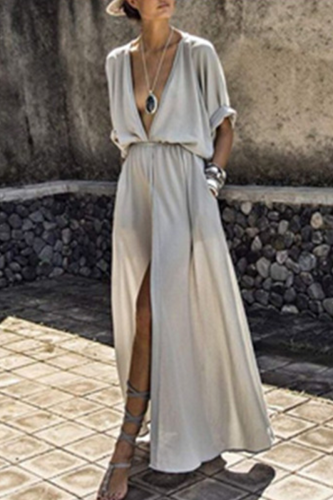 Casual Solid Patchwork V Neck Irregular Dress Dresses