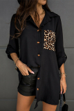 Casual Leopard Patchwork Buckle Turndown Collar Tops
