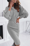 Fashion Casual Solid Patchwork Fold O Neck Waist Skirt Dresses