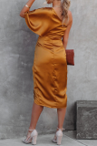 Elegant Solid Patchwork Fold Oblique Collar Evening Dress Dresses