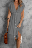 Casual Solid Buckle V Neck Waist Skirt Dresses