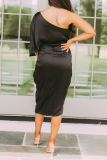 Elegant Solid Patchwork Fold Oblique Collar Evening Dress Dresses