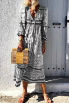 Fashion Print Patchwork V Neck Cake Skirt Dresses