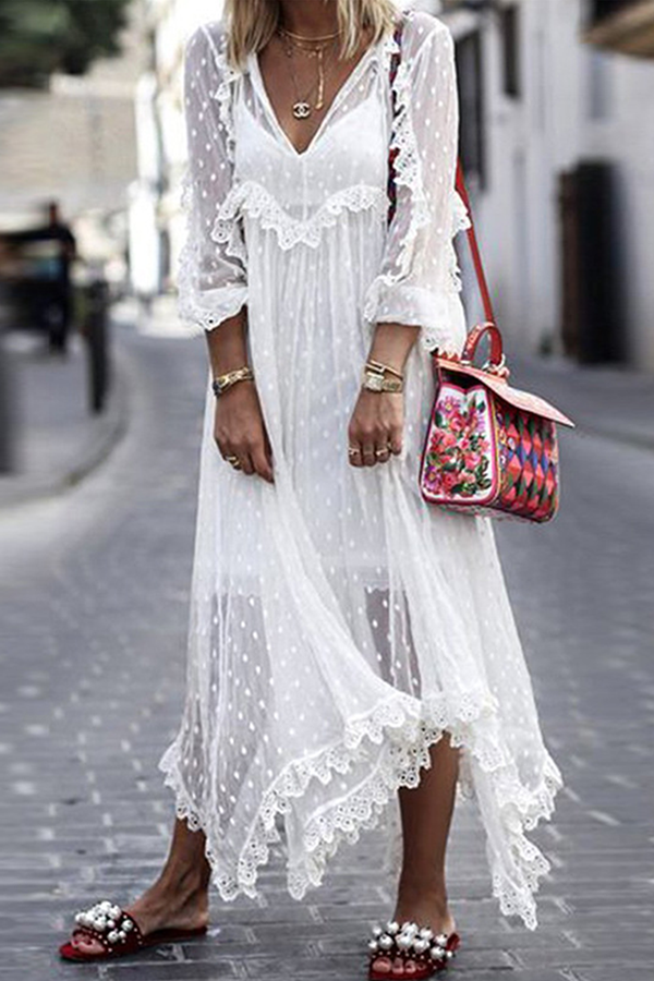 Casual Elegant Solid Lace Frenulum Stringy Selvedge V Neck Lace Dress Dresses