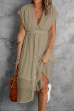 Casual Solid Buckle V Neck Waist Skirt Dresses