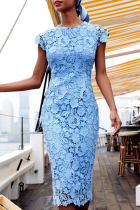 Fashion Elegant Solid Lace Hollowed Out O Neck Pencil Skirt Dresses