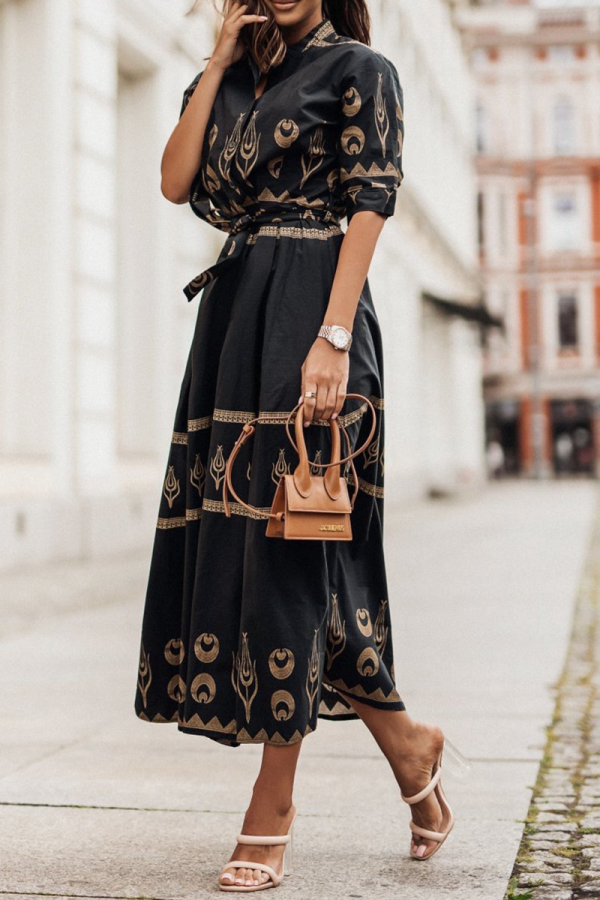 Casual Print Patchwork O Neck Shirt Dress Dresses