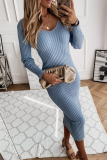 Street Solid Basic V Neck Wrapped Skirt Dresses