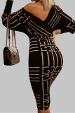 Elegant Print Patchwork V Neck Pencil Skirt Dresses