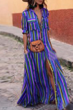 Casual Striped Patchwork Turndown Collar Printed Dress Dresses