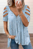 Street Print Hollowed Out Zipper V Neck Tops