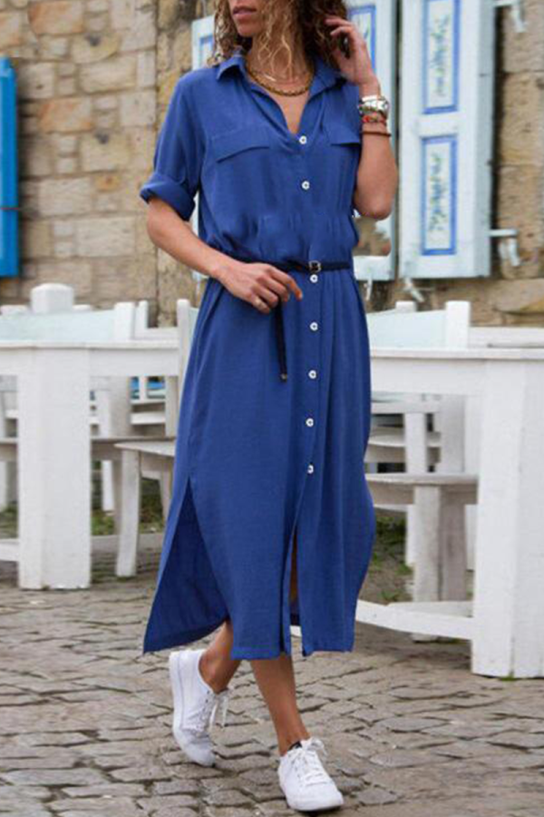 Casual Solid Patchwork Turndown Collar Shirt Dress Dresses