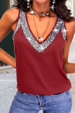 Casual Solid Sequins V Neck Tops