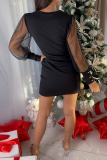 Fashion Elegant Patchwork Fold Mesh V Neck Pencil Skirt Dresses