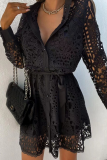 Casual Solid Lace Turndown Collar Waist Skirt Dresses