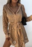Casual Solid Lace Turndown Collar Waist Skirt Dresses