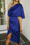 Elegant Solid Patchwork Fold Oblique Collar Evening Dress Dresses