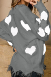 Casual Print Tassel Contrast V Neck Tops Sweater