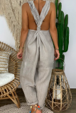Casual Solid Backless Knotted V Neck Loose Jumpsuits