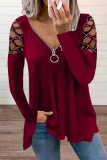 Casual Patchwork Hollowed Out Hot Drill Zipper Collar Tops