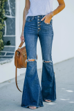 Casual Street Solid Ripped Patchwork Boot Cut Bottoms